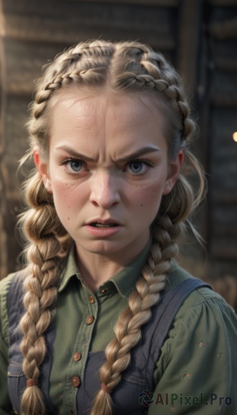 1girl,solo,long hair,looking at viewer,blue eyes,blonde hair,shirt,upper body,braid,parted lips,teeth,collared shirt,artist name,indoors,mole,blurry,twin braids,lips,eyelashes,buttons,depth of field,blurry background,hair over shoulder,forehead,freckles,realistic,nose,green shirt,overalls,open mouth,sunlight,angry,dirty,dirty face,multiple braids