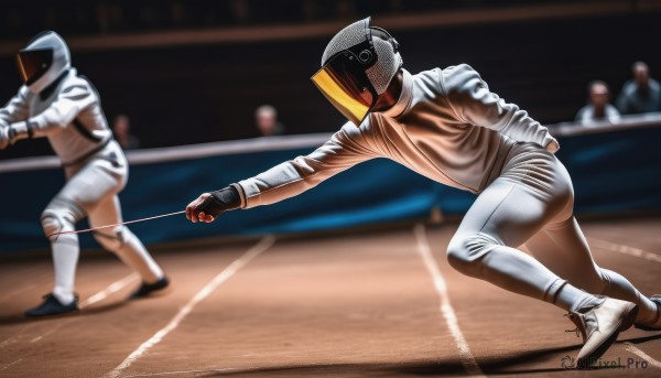 gloves,1boy,male focus,multiple boys,shoes,pants,hood,2boys,fingerless gloves,blurry,hoodie,blurry background,helmet,sneakers,faceless,sportswear,realistic,white pants,shirt,holding,solo focus,black gloves,from side,bodysuit,white footwear,outstretched arm,multiple others,ambiguous gender,spacesuit,astronaut