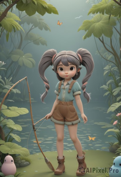 1girl,solo,long hair,looking at viewer,smile,open mouth,bangs,shirt,black hair,holding,twintails,brown eyes,standing,full body,flower,short sleeves,grey hair,boots,outdoors,shoes,shorts,day,collared shirt,water,black eyes,tree,bird,leaf,brown footwear,suspenders,grass,bug,blue shirt,butterfly,child,nature,female child,brown shorts,fishing rod,lily pad,suspender shorts,pointy ears,fish,rock