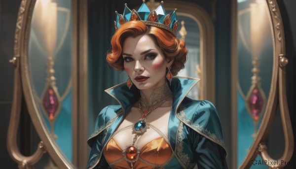 1girl,solo,breasts,looking at viewer,blush,short hair,brown hair,dress,cleavage,brown eyes,jewelry,medium breasts,upper body,earrings,parted lips,necklace,orange hair,blurry,lips,makeup,blurry background,crown,lipstick,gem,reflection,high collar,mirror,red lips,blue coat,updo,bangs,indoors,hair bun,realistic,red gemstone