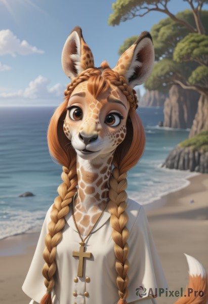 1girl,solo,long hair,breasts,looking at viewer,smile,brown hair,shirt,animal ears,brown eyes,jewelry,tail,white shirt,upper body,braid,short sleeves,small breasts,outdoors,sky,day,artist name,water,necklace,blurry,twin braids,tree,blue sky,head tilt,fox ears,blurry background,fox tail,ocean,beach,sunlight,cross,fox girl,hair over shoulder,furry,freckles,furry female,body fur,cross necklace,animal nose,furrification,orange fur,long tail,twintails,cloud,animal ear fluff,snout