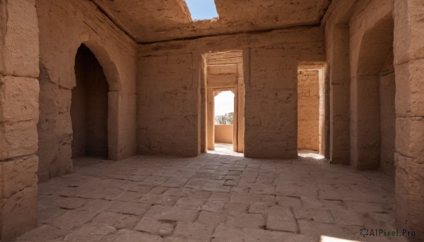 outdoors,sky,day,blue sky,no humans,window,shadow,sunlight,building,scenery,door,road,wall,pillar,arch,column,indoors,ruins,hallway,stone floor,stone wall,brick floor