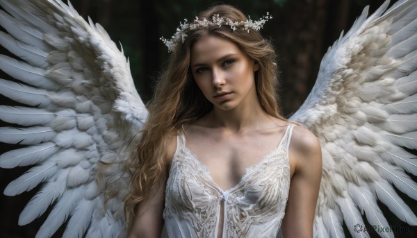 1girl,solo,long hair,breasts,looking at viewer,blonde hair,brown hair,dress,cleavage,bare shoulders,brown eyes,medium breasts,collarbone,upper body,wings,white dress,blurry,lips,blurry background,halo,feathered wings,angel wings,realistic,white wings,angel,head wreath,flower,small breasts