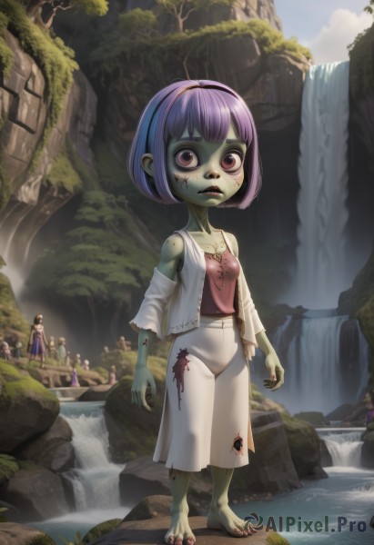 1girl,breasts,looking at viewer,short hair,multiple girls,skirt,shirt,red eyes,standing,full body,purple hair,hairband,small breasts,outdoors,detached sleeves,sky,barefoot,solo focus,day,water,vest,tree,torn clothes,blood,colored skin,monster girl,child,nature,toenails,injury,female child,blood on clothes,green skin,zombie,waterfall,goblin,bangs,bare shoulders,collarbone,multiple boys,nail polish,lips,fingernails,toes,blood on face,rock,blue skin,toenail polish,torn shirt,dirty,cliff,moss,sharp toenails