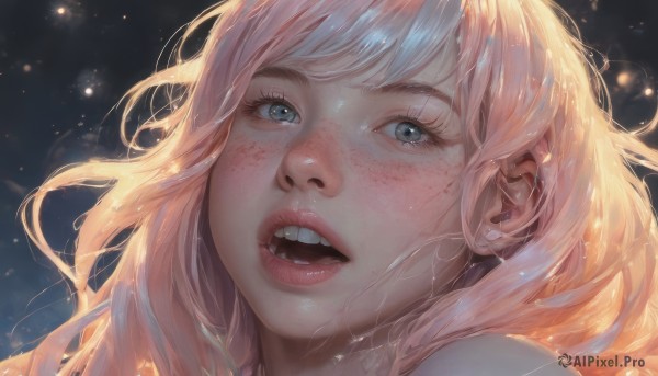 1girl,solo,long hair,looking at viewer,open mouth,bangs,blue eyes,blonde hair,pink hair,teeth,lips,grey eyes,eyelashes,upper teeth only,portrait,light particles,close-up,freckles,realistic,nose,blush,tongue,shiny,artist name,watermark