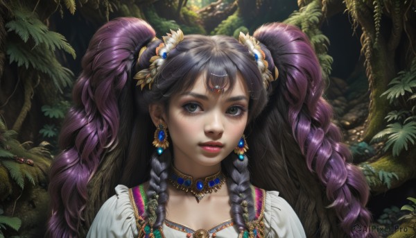 1girl,solo,long hair,looking at viewer,smile,bangs,black hair,hair ornament,twintails,jewelry,green eyes,upper body,purple hair,braid,multicolored hair,earrings,parted lips,choker,necklace,twin braids,tree,lips,grey eyes,eyelashes,makeup,sunlight,plant,lipstick,gem,portrait,nature,forest,freckles,circlet,realistic,red lips,multiple braids,brown eyes,collarbone,outdoors,teeth,parted bangs,leaf,pink lips