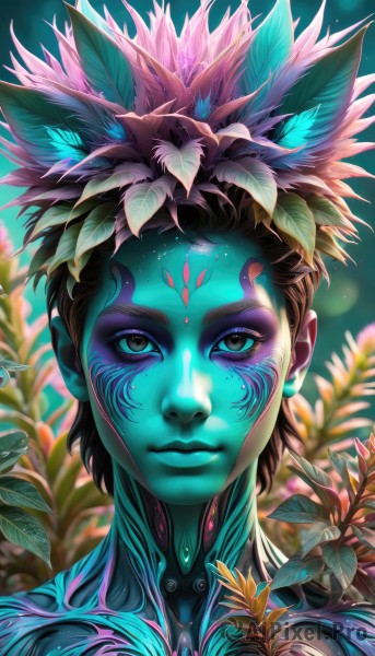 1girl,solo,looking at viewer,short hair,brown hair,1boy,animal ears,brown eyes,closed mouth,flower,male focus,artist name,blurry,lips,eyelashes,makeup,depth of field,blurry background,glowing,colored skin,leaf,facial mark,plant,portrait,eyeshadow,nose,blue skin,eyeliner,facepaint,blue eyes,black hair,hair ornament,watermark,realistic,green skin,straight-on