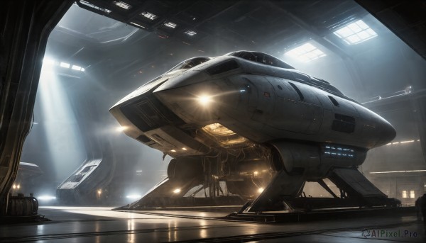 HQ,indoors,signature,military,no humans,window,sunlight,robot,mecha,lens flare,machinery,science fiction,light rays,realistic,light,alien,spacecraft,hallway,lights,cockpit,scenery,reflection,rain,aircraft,military vehicle,vehicle focus