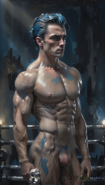 solo,short hair,blue eyes,black hair,1boy,navel,closed mouth,nipples,blue hair,male focus,thighs,nude,multicolored hair,censored,penis,artist name,pubic hair,completely nude,tattoo,muscular,thick thighs,abs,testicles,pectorals,muscular male,male pubic hair,bara,large pectorals,realistic,mechanical arms,undercut,flaccid,scar on arm,looking at viewer,holding,outdoors,facial hair,body markings,obliques