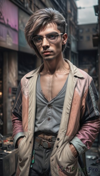 solo,looking at viewer,short hair,blue eyes,brown hair,shirt,1boy,navel,standing,collarbone,jacket,grey hair,male focus,cowboy shot,outdoors,parted lips,open clothes,glasses,belt,pants,blurry,open jacket,lips,coat,buttons,depth of field,blurry background,facial hair,black pants,pectorals,denim,ground vehicle,grey shirt,beard,buckle,black-framed eyewear,jeans,belt buckle,realistic,nose,hands in pockets,round eyewear,mustache,stubble,unbuttoned,midriff peek,partially unbuttoned,chest hair,long sleeves,closed mouth,white shirt,day,collared shirt,artist name,dress shirt,sunglasses,brown belt