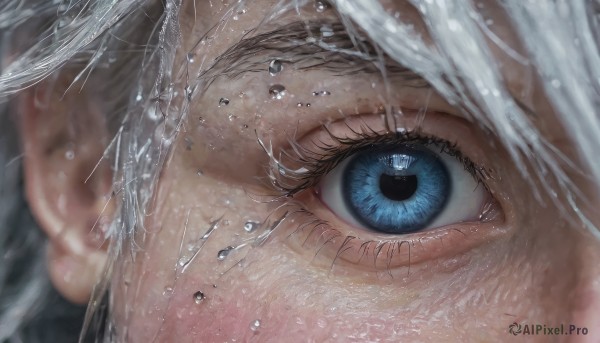 1girl,solo,looking at viewer,bangs,blue eyes,white hair,grey hair,water,blurry,wet,eyelashes,depth of field,portrait,close-up,reflection,water drop,realistic,eye focus,1boy,male focus