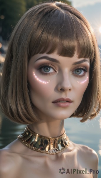 1girl,solo,looking at viewer,short hair,bangs,brown hair,bare shoulders,jewelry,green eyes,collarbone,upper body,outdoors,parted lips,teeth,day,artist name,blunt bangs,water,necklace,blurry,lips,grey eyes,eyelashes,makeup,blurry background,sunlight,bob cut,portrait,close-up,realistic,nose,nude,choker,depth of field,neck ring