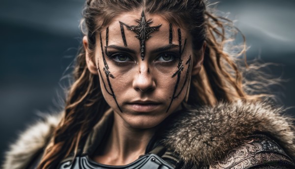 1girl,solo,long hair,looking at viewer,brown hair,brown eyes,closed mouth,armor,blurry,lips,fur trim,tattoo,facial mark,portrait,freckles,realistic,nose,facepaint,facial tattoo,1boy,green eyes,male focus,scar,close-up,serious