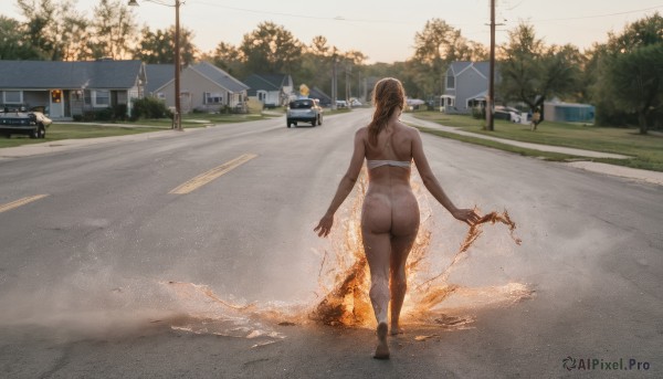 1girl,solo,long hair,brown hair,bare shoulders,underwear,standing,panties,swimsuit,ass,bikini,outdoors,barefoot,day,from behind,bra,tree,back,white bikini,underwear only,fire,ground vehicle,building,motor vehicle,white bra,walking,sports bra,realistic,facing away,car,road,explosion,house,power lines,street,median furrow,burning,dirty feet,bottomless,lamppost,photo background