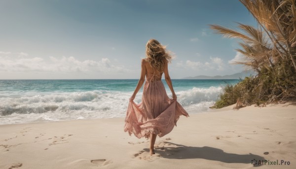 1girl, solo, long hair, dress, outdoors, sky, barefoot, day, cloud, water, from behind, tree, shadow, ocean, beach, scenery, skirt hold, sand, footprints