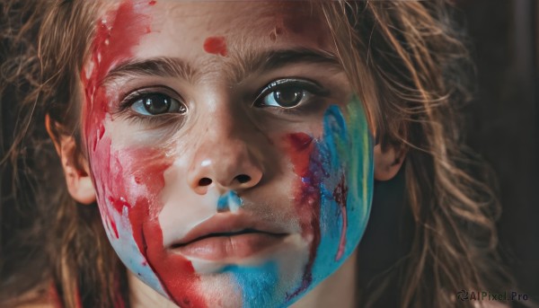 1girl,solo,long hair,looking at viewer,brown hair,brown eyes,closed mouth,lips,blood,expressionless,portrait,close-up,blood on face,realistic,nose,facepaint,paint,paint splatter on face,blue eyes,blonde hair,eyelashes,facial hair,dirty,blood splatter,paint splatter