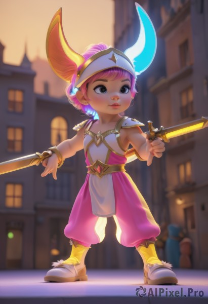 1girl,solo,looking at viewer,short hair,bangs,holding,animal ears,brown eyes,jewelry,closed mouth,standing,full body,weapon,pink hair,purple hair,outdoors,shoes,sleeveless,pants,sword,holding weapon,armor,blurry,black eyes,flat chest,bracelet,lips,blurry background,glowing,holding sword,white footwear,shoulder armor,building,child,dual wielding,pauldrons,breastplate,red lips,female child,dagger,baggy pants,pink pants,boots,horns,window,knife,fake horns,pointy footwear,yellow pants