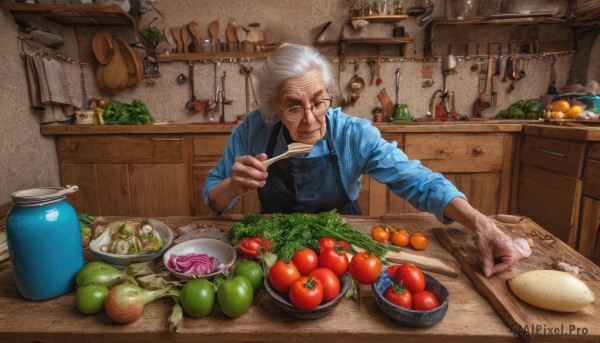 solo,smile,short hair,shirt,long sleeves,1boy,holding,closed mouth,standing,upper body,white hair,grey hair,male focus,food,collared shirt,indoors,apron,dress shirt,fruit,facial hair,scar,eating,table,bottle,blue shirt,knife,steam,beard,scar on face,plate,sleeves rolled up,smoke,bowl,realistic,spoon,mustache,fork,basket,holding knife,carrot,mushroom,old,egg,dirty,old man,cooking,shelf,meat,ladle,kitchen,tomato,vegetable,frying pan,spatula,counter,cabinet,old woman,wooden table,stove,soup,lettuce,potato,kitchen knife,wrinkled skin,cutting board,onion,tongs,1girl,looking at viewer,jacket,closed eyes,glasses,artist name,holding food,apple,holding fruit,holding spoon,sleeves pushed up,jar,sink,refrigerator,faucet,cucumber,eggplant,radish,salad,loaded interior