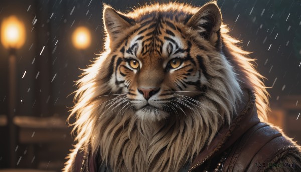 solo,yellow eyes,outdoors,artist name,signature,blurry,no humans,night,depth of field,blurry background,animal,rain,realistic,animal focus,lamppost,whiskers,tiger,looking at viewer,closed mouth,jacket,upper body,necklace,portrait,close-up,light