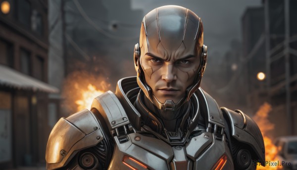 solo,looking at viewer,1boy,brown eyes,upper body,male focus,outdoors,armor,blurry,blurry background,helmet,fire,building,science fiction,realistic,explosion,cyborg,power armor,1girl,black eyes,lips,scar,shoulder armor,portrait,scar on face,serious,bald,very short hair,mohawk