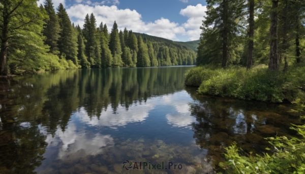 outdoors,sky,day,cloud,water,tree,blue sky,no humans,cloudy sky,grass,nature,scenery,forest,reflection,mountain,river,landscape,lake,reflective water