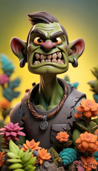 solo,looking at viewer,smile,open mouth,black hair,1boy,jewelry,upper body,flower,male focus,earrings,teeth,pointy ears,necklace,orange eyes,torn clothes,colored skin,tank top,pink flower,green skin,dog tags,orange flower,mohawk,orc,tusks,goblin,shirt,collarbone,sleeveless,artist name,grin,blurry,blurry background,sharp teeth,clenched teeth,colored sclera,bald,torn shirt,yellow sclera