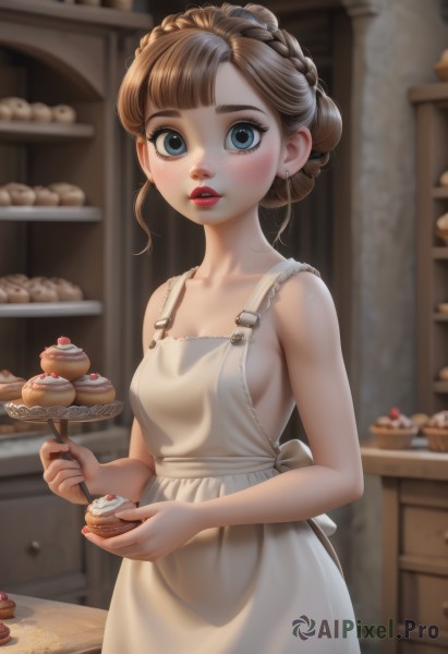 1girl,solo,breasts,looking at viewer,blush,short hair,bangs,blue eyes,brown hair,holding,bare shoulders,jewelry,medium breasts,collarbone,braid,earrings,small breasts,parted lips,food,teeth,indoors,hair bun,nail polish,mole,blurry,apron,lips,sideboob,fruit,depth of field,blurry background,holding food,white apron,freckles,cake,red lips,crown braid,naked apron,kitchen,cupcake,pastry,pie,standing,cowboy shot,blunt bangs,makeup,lipstick,bandaid,french braid,braided bun,sweets,lipgloss