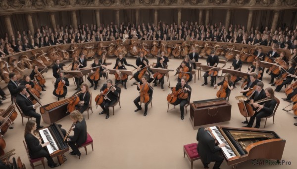 long hair,smile,short hair,blonde hair,brown hair,shirt,black hair,long sleeves,holding,sitting,standing,jacket,closed eyes,ponytail,multiple boys,glasses,pants,indoors,bowtie,black footwear,black jacket,6+girls,chair,black pants,formal,suit,instrument,6+boys,music,playing instrument,traditional bowtie,black suit,violin,drum,stage,piano,keyboard (instrument),trumpet,flute,bow (music),drum set,baton (conducting),grand piano,multiple girls,grey hair,orange hair,from above,guitar