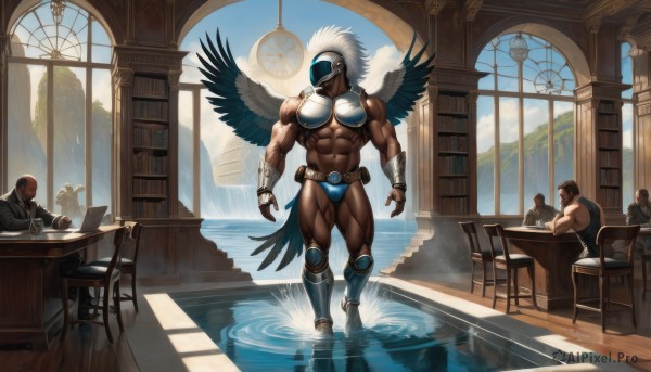 short hair,brown hair,gloves,navel,bare shoulders,sitting,standing,jacket,full body,white hair,male focus,thighs,multiple boys,wings,sky,day,cloud,indoors,dark skin,fingerless gloves,water,stomach,armor,cup,blue sky,book,window,mask,muscular,facial hair,chair,thick thighs,abs,table,sunlight,dark-skinned male,3boys,helmet,cloudy sky,pectorals,muscular male,bara,feathered wings,beard,desk,reflection,large pectorals,walking,4boys,bulge,angel wings,paper,mature male,clock,bookshelf,5boys,architecture,ripples,pillar,biceps,thick arms,leg armor,underwear,6+boys,computer,bald,male underwear,monitor,chest harness