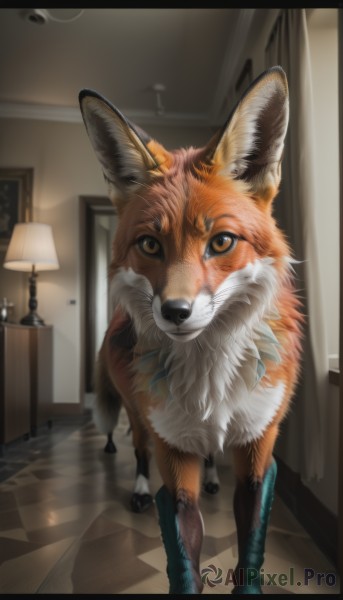 solo,looking at viewer,brown eyes,standing,full body,indoors,no humans,animal,letterboxed,reflection,dog,realistic,door,tiles,lamp,tile floor,animal focus,fox,brown fur,shadow