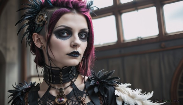 1girl,solo,looking at viewer,short hair,hair ornament,jewelry,upper body,pink hair,purple hair,multicolored hair,earrings,parted lips,choker,necklace,blurry,black eyes,lips,grey eyes,window,tattoo,makeup,piercing,feathers,lipstick,gem,portrait,eyeshadow,eyeliner,feather hair ornament,mascara,gothic,black lips,black feathers,blue eyes,mole,heterochromia,ear piercing,realistic,facepaint,blue lips