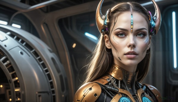 The timeless beauty of a cyborg in a picturesque dynamic scene