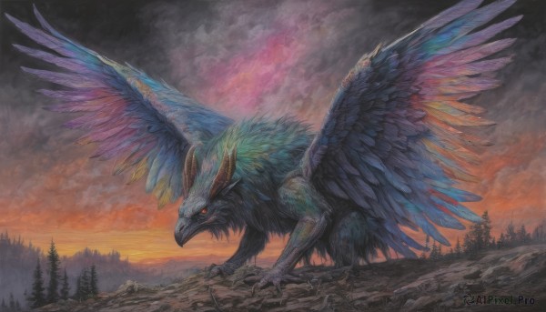 solo,red eyes,outdoors,wings,horns,sky,cloud,tree,no humans,bird,traditional media,cloudy sky,nature,scenery,feathered wings,forest,sunset,mountain,twilight,from side,feathers,claws,monster,fantasy,dragon,spread wings