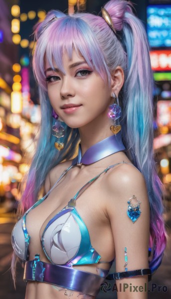 1girl,solo,long hair,breasts,looking at viewer,smile,bangs,cleavage,bare shoulders,twintails,jewelry,medium breasts,closed mouth,blue hair,swimsuit,upper body,pink hair,purple hair,heart,bikini,multicolored hair,earrings,small breasts,hair bun,blurry,black eyes,two-tone hair,lips,grey eyes,gradient hair,makeup,detached collar,blurry background,bikini top only,armlet,realistic,nose,cone hair bun,heart earrings,hair ornament,collarbone,outdoors,shiny,artist name,signature,collar,from side,eyelashes,tattoo,depth of field,watermark,gem,buckle,strap gap