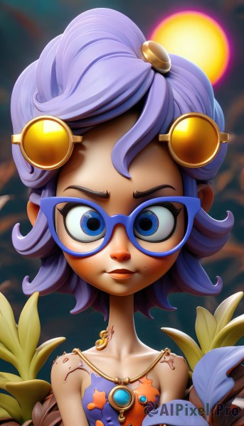 1girl,solo,breasts,looking at viewer,short hair,blue eyes,hair ornament,bare shoulders,jewelry,closed mouth,blue hair,collarbone,upper body,purple hair,flower,small breasts,glasses,dark skin,necklace,mole,flat chest,covered nipples,dark-skinned female,lips,eyelashes,makeup,leaf,goggles,gem,pendant,backlighting,freckles,sun,smile,dress,hairclip,artist name,watermark,sunglasses,plant,flipped hair,blue-framed eyewear,yellow-framed eyewear