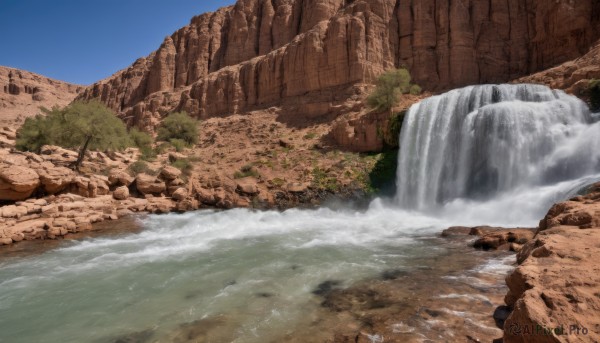 outdoors,sky,day,water,tree,blue sky,no humans,nature,scenery,rock,mountain,ruins,river,waterfall,cliff,signature,landscape