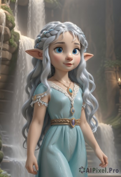 1girl,solo,long hair,smile,blue eyes,dress,jewelry,very long hair,braid,grey hair,outdoors,pointy ears,belt,water,necklace,blurry,flat chest,lips,see-through,loli,no panties,blue dress,wavy hair,elf,pendant,realistic,nose,crown braid,waterfall,breasts,looking at viewer,blush,closed mouth,short sleeves,small breasts,artist name,blurry background,thick eyebrows,gem