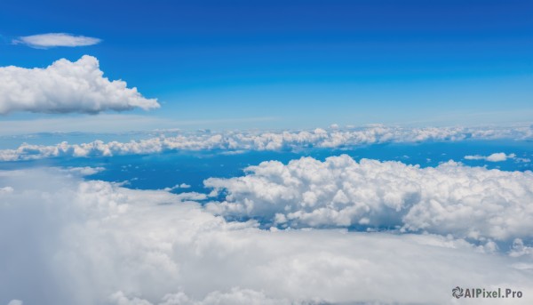 monochrome,outdoors,sky,day,cloud,water,blue sky,no humans,ocean,cloudy sky,scenery,blue theme,horizon,landscape,above clouds,reflection