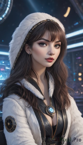 1girl,solo,long hair,breasts,looking at viewer,bangs,brown hair,black hair,hat,cleavage,jewelry,medium breasts,jacket,upper body,earrings,parted lips,open clothes,hood,blurry,black eyes,lips,coat,grey eyes,fur trim,eyelashes,makeup,blurry background,white headwear,lipstick,brooch,gem,freckles,realistic,nose,red lips,brown eyes,closed mouth,artist name,necklace,thick eyebrows,eyeshadow,hood up,open coat,white coat,eyeliner,hooded coat,mascara