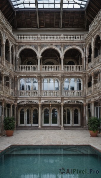 day,indoors,water,no humans,window,plant,building,scenery,reflection,stairs,door,potted plant,architecture,pillar,arch,column,outdoors,railing,bridge