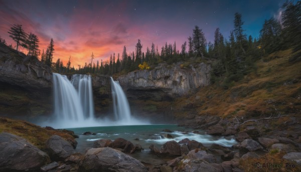 outdoors, sky, cloud, water, tree, no humans, night, star (sky), nature, night sky, scenery, forest, starry sky, rock, river, waterfall