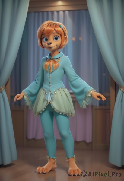 1girl,solo,long hair,looking at viewer,smile,short hair,open mouth,blue eyes,shirt,hair ornament,long sleeves,ribbon,animal ears,jewelry,standing,full body,ahoge,hairband,barefoot,teeth,pants,indoors,wide sleeves,orange hair,toes,blue shirt,curtains,child,furry,pajamas,wooden floor,anklet,furry female,blue pants,female child,animal nose,snout,buck teeth,breasts,bangs,brown hair,brown eyes,closed mouth,tail,hair ribbon,braid,sidelocks,small breasts,artist name,signature,blurry,black eyes,flat chest,neck ribbon,blurry background,watermark,happy,frilled sleeves,hair over shoulder,web address,claws,low ponytail,freckles,animal hands,body fur,blue hairband,brown fur,two-tone fur,orange fur