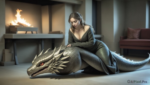 A unique view of a dragon in fiery wooden floor