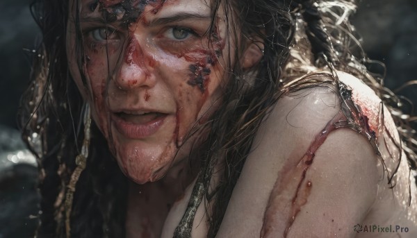 1girl,solo,long hair,looking at viewer,blue eyes,brown hair,black hair,nude,parted lips,blurry,lips,wet,grey eyes,blood,blurry background,portrait,close-up,injury,blood on face,realistic,nose,smile,brown eyes,jewelry,earrings,depth of field,messy hair,dirty