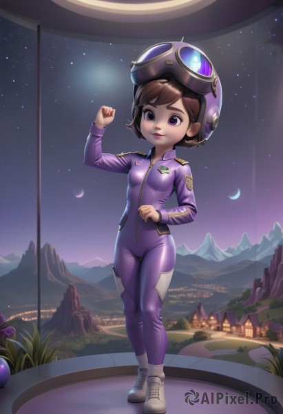 1girl,solo,breasts,smile,short hair,brown hair,long sleeves,brown eyes,closed mouth,standing,purple eyes,full body,small breasts,outdoors,sky,shoes,artist name,lips,bodysuit,night,moon,helmet,goggles,star (sky),night sky,zipper,starry sky,goggles on head,mountain,grey footwear,crescent moon,purple bodysuit,spacesuit,looking at viewer,watermark,white footwear,grass,sneakers