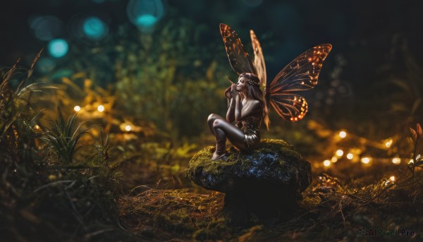 1girl,solo,long hair,breasts,brown hair,black hair,bare shoulders,sitting,flower,outdoors,wings,barefoot,blurry,night,depth of field,grass,bug,butterfly,nature,scenery,forest,knee up,antennae,fairy,butterfly wings,fireflies,tree stump,hair ornament,medium breasts,skull,realistic,dark,mushroom,arthropod girl,insect wings