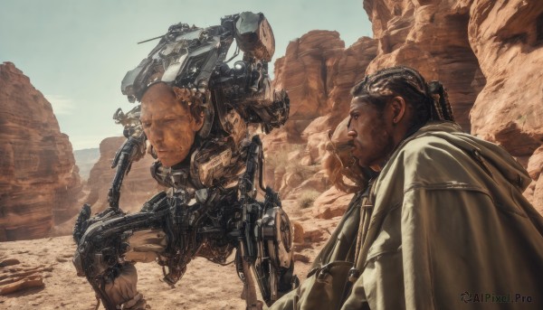 brown hair,black hair,1boy,holding,weapon,male focus,outdoors,multiple boys,sky,day,dark skin,holding weapon,gun,military,facial hair,dark-skinned male,robot,holding gun,mecha,cloak,rifle,beard,science fiction,realistic,desert,dreadlocks,dust,2boys,ground vehicle,motor vehicle,smoke,assault rifle,damaged,power armor,soldier,non-humanoid robot