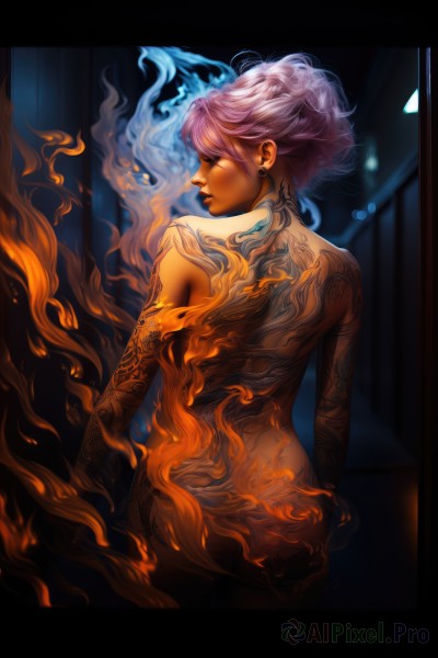 1girl,solo,short hair,jewelry,standing,closed eyes,pink hair,purple hair,ass,nude,cowboy shot,earrings,looking back,dark skin,from behind,dark-skinned female,lips,completely nude,tattoo,profile,makeup,back,fire,realistic,nose,arm tattoo,flame,blue fire,back tattoo,full-body tattoo,piercing,ear piercing