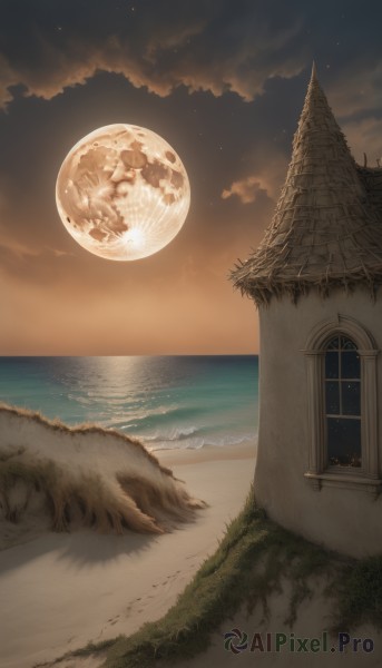 outdoors,sky,cloud,water,tree,no humans,window,night,ocean,beach,moon,grass,building,star (sky),night sky,scenery,full moon,starry sky,sand,door,horizon,house,waves,shore,cloudy sky