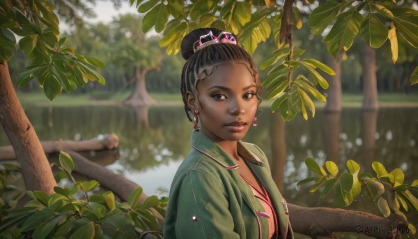 1girl,solo,looking at viewer,smile,black hair,hair ornament,brown eyes,jewelry,jacket,upper body,earrings,outdoors,day,dark skin,hair bun,blurry,black eyes,dark-skinned female,tree,lips,depth of field,blurry background,leaf,single hair bun,plant,nature,realistic,nose,branch,very dark skin,updo,breasts,brown hair,parted lips,japanese clothes,animal